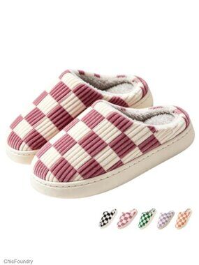 Checkered Slippers Women Men Fuzzy Memory Foam Plush Corduroy House Shoes